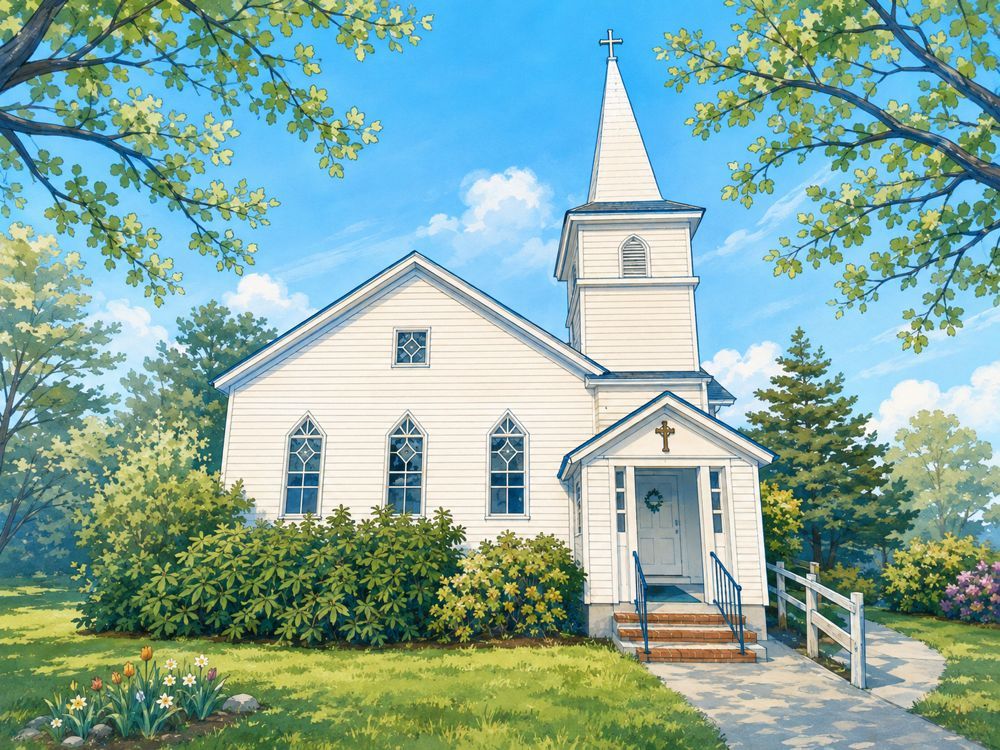 Painted illustration of the white South Chatham Community Church building and steeple under a blue sky